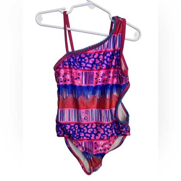 💥kidpik Pink and Blue Patterned One Shoulder Swimsuit Girls 5/6 - Picture 1 of 4